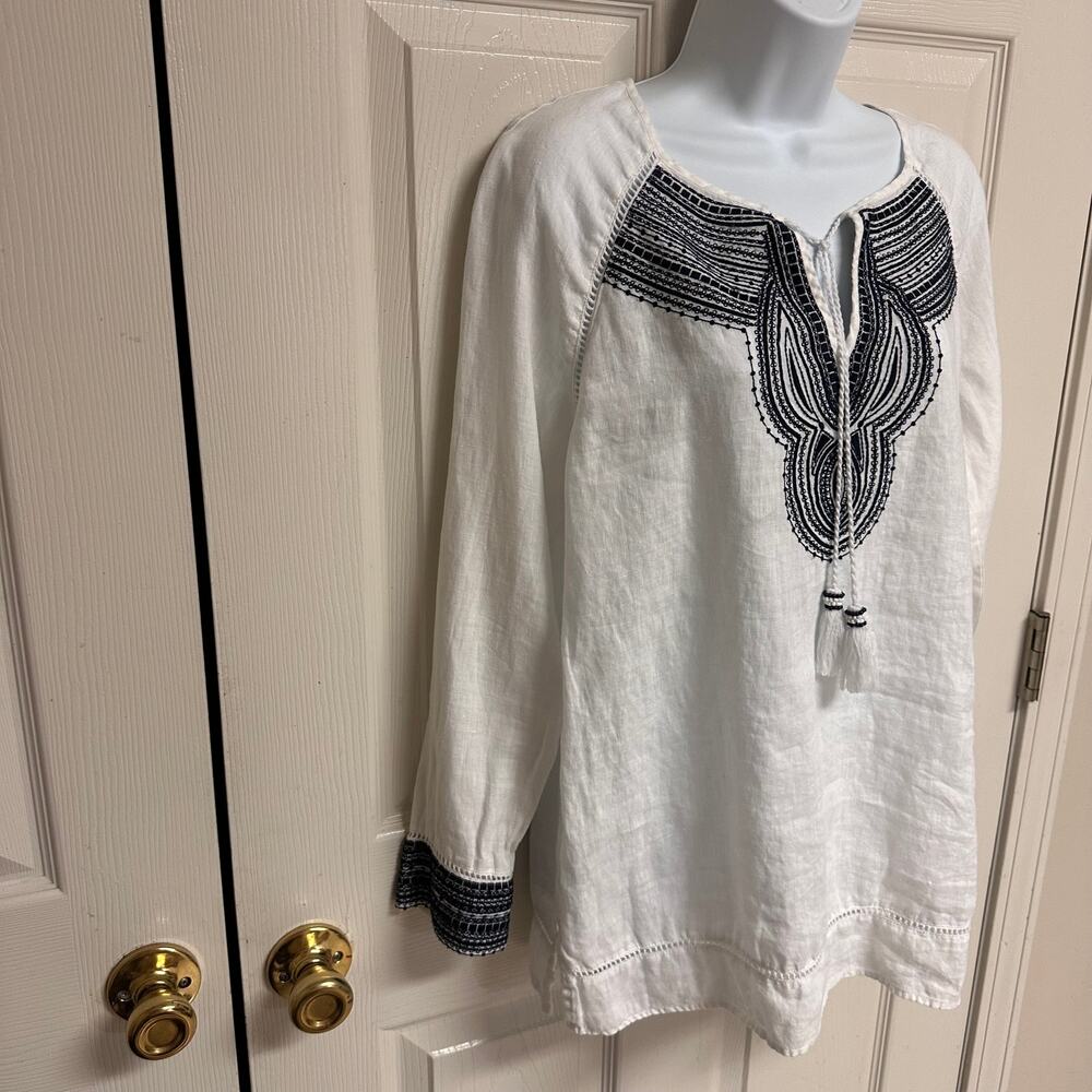 100%  White Linen Embroidered Boho Blouse Tassel Tie Peasant Top Lightweight - Picture 6 of 10